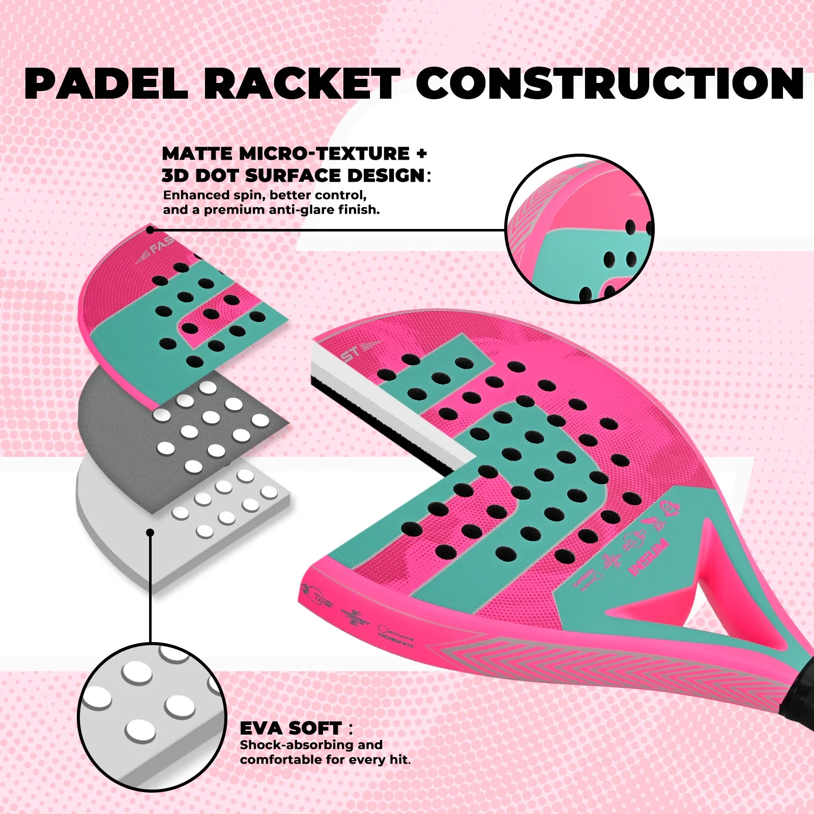 INSUM Velocity padel racket — Blue and Pink colourways