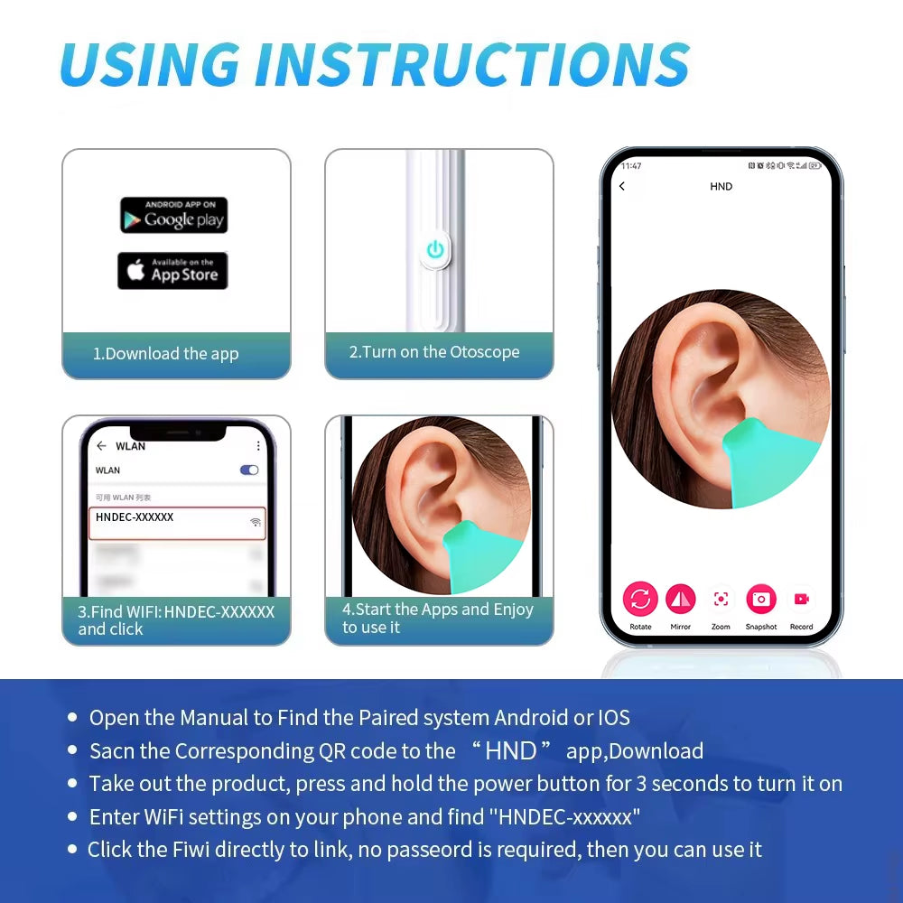 Smart Visual Ear Cleaner with Camera 1296P Ear Sticks USB C Charging Ear Wax Removal Tool WIFI Connection 6 LED Lights Earpick